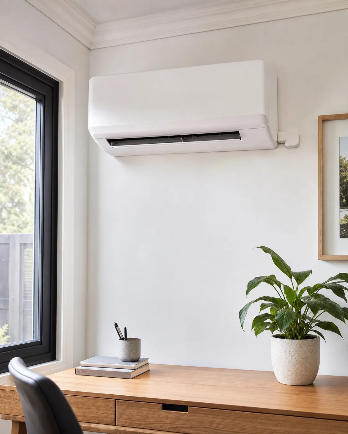 Neat indoor split-system unit in a tidy Australian home office