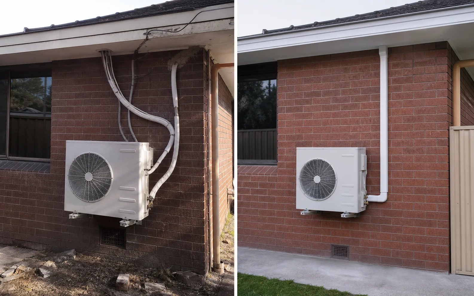 Comparison of messy pipework beside a neat planned split-system installation