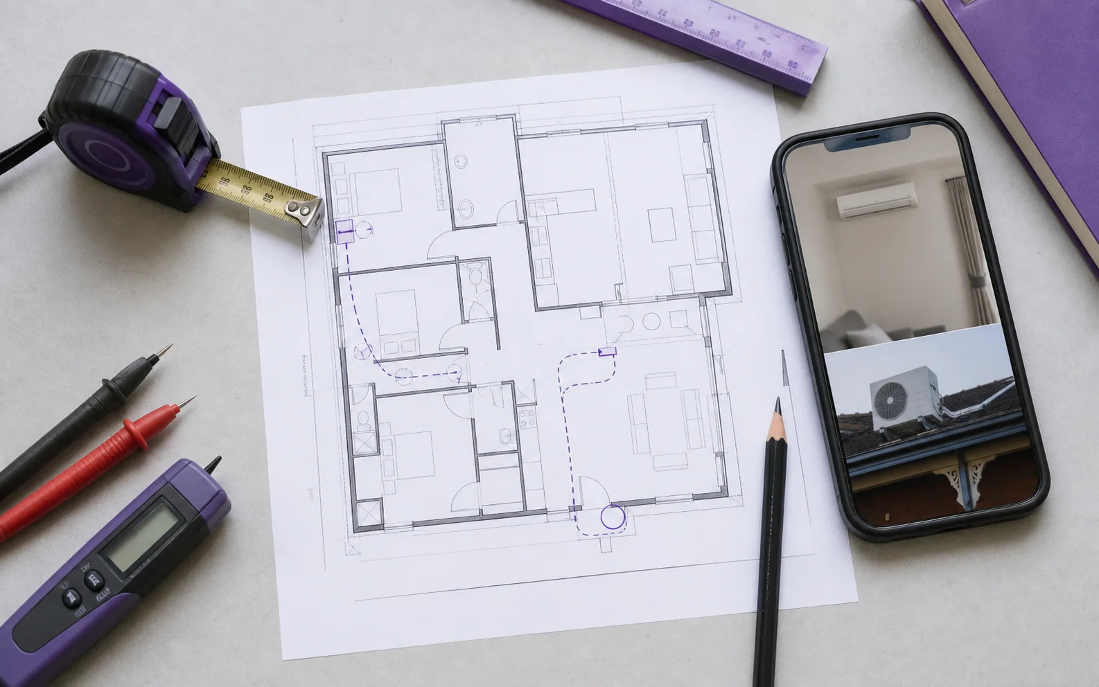 Quote planning with floor plan, phone photos, tape measure, pencil, and electrical tester