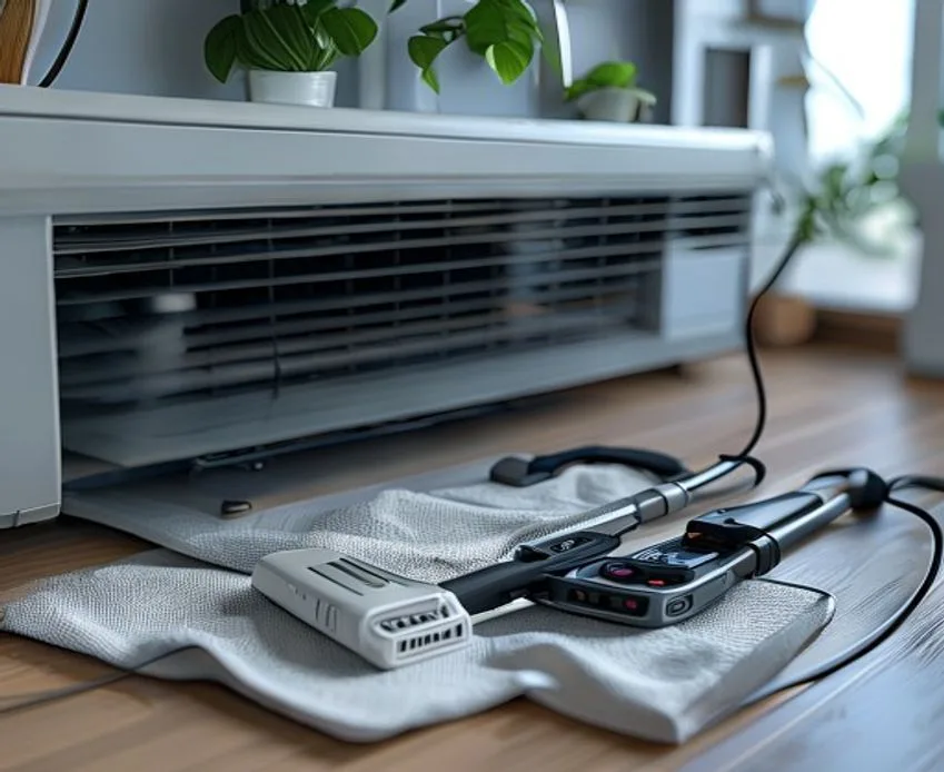 Clean air conditioning diagnostic tools beside an opened indoor unit