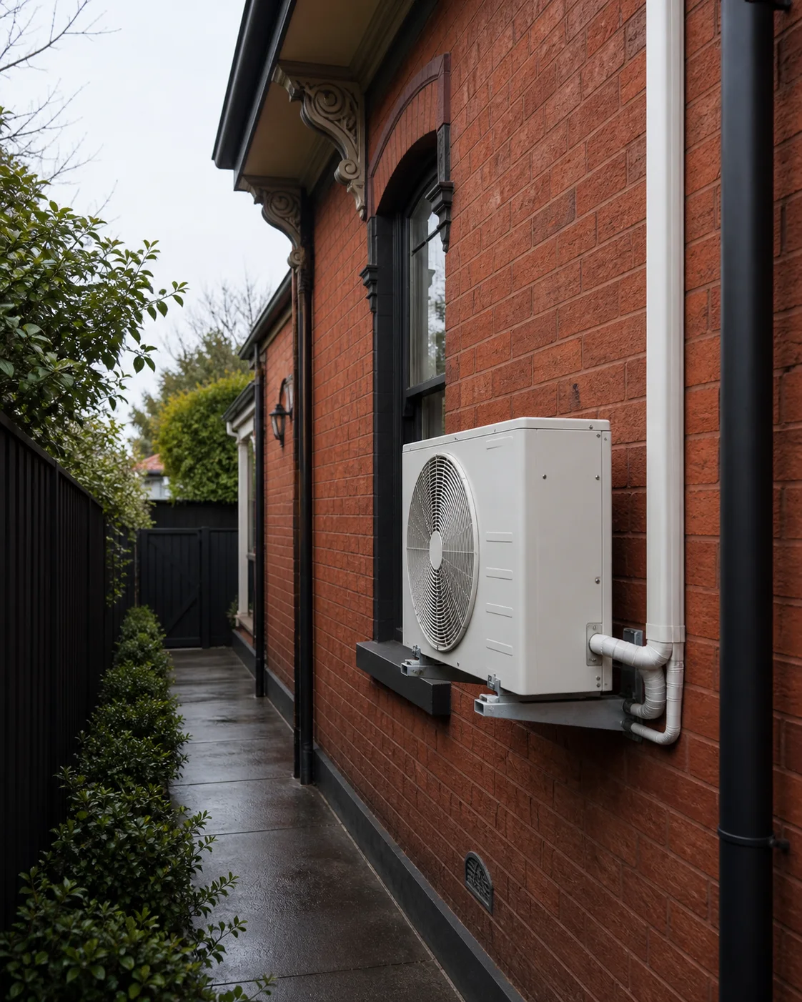 Discreet split-system condenser in a narrow Melbourne terrace side passage